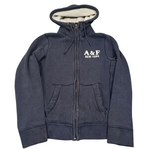 VTG Abercrombie & Fitch Full Zip Hoodie Mens Medium Navy Blue Sherpa Lined